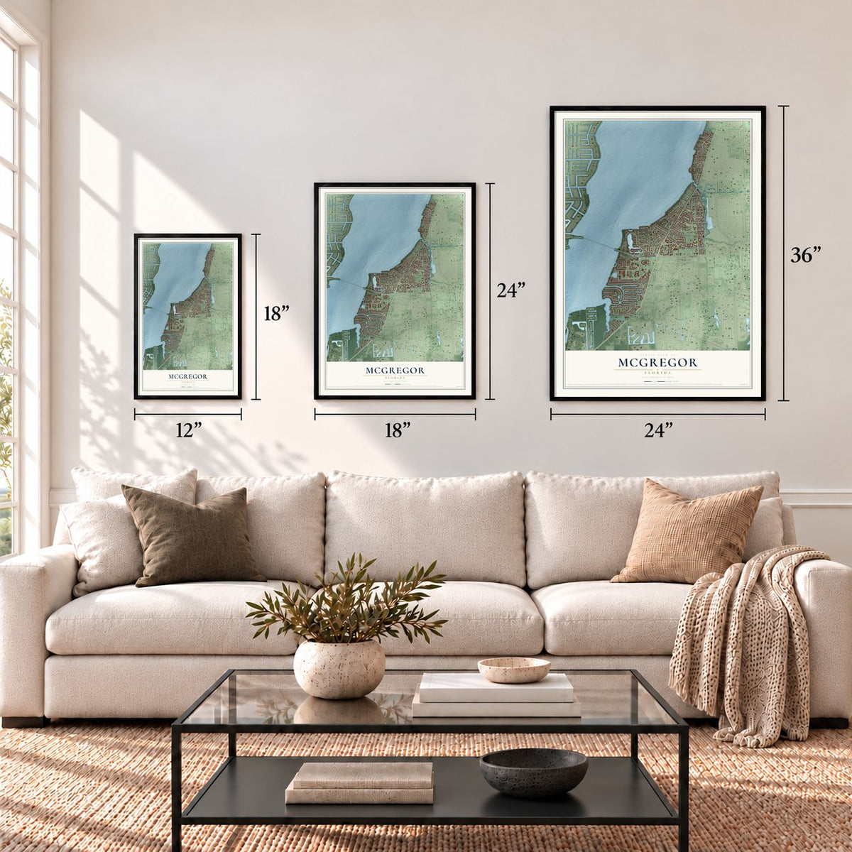 McGregor, Florida map in 12 x 18, 18 x 24 and 24 x 36 inch sizes above a sofa