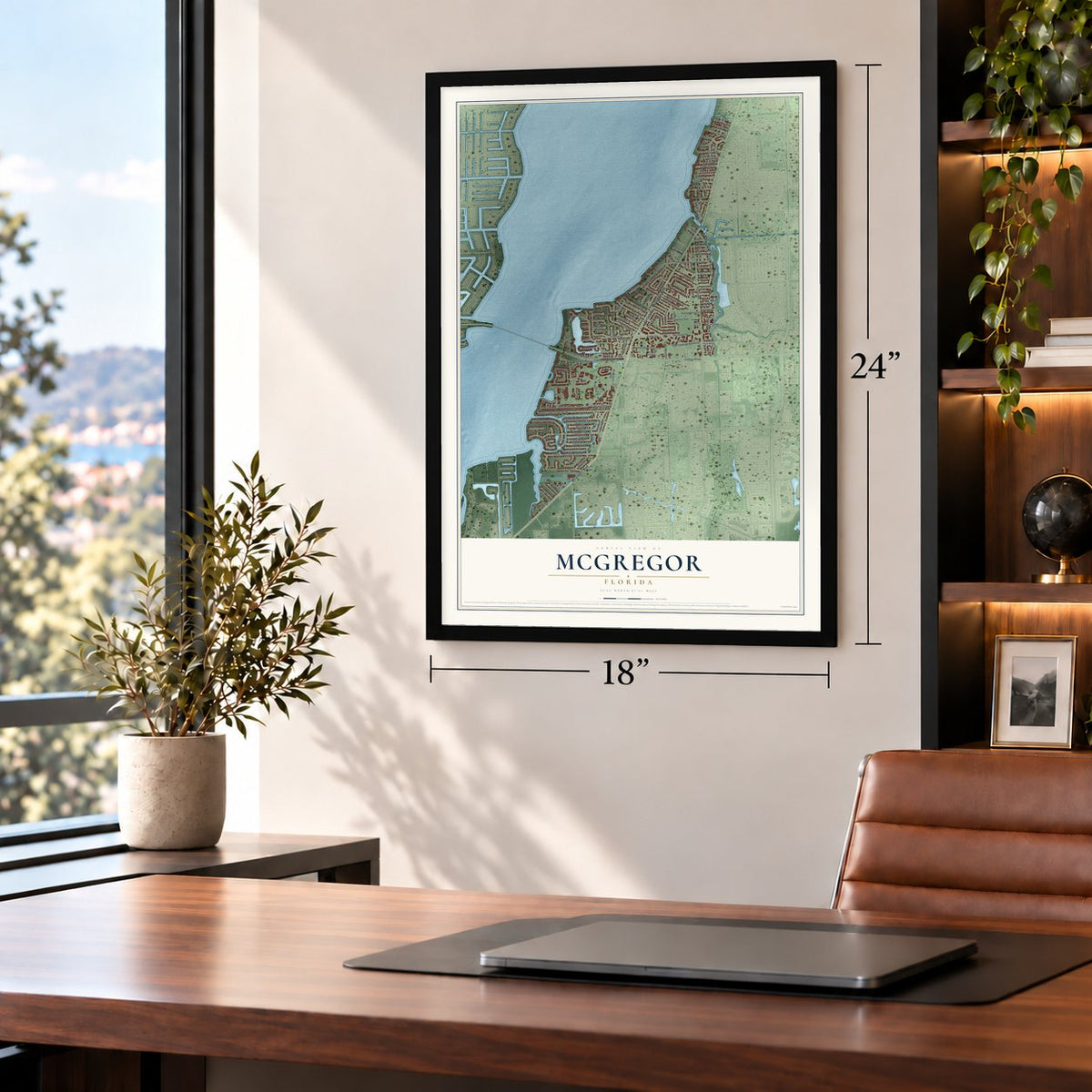 McGregor, Florida map, 18 x 24 inch print in a black frame in a home office