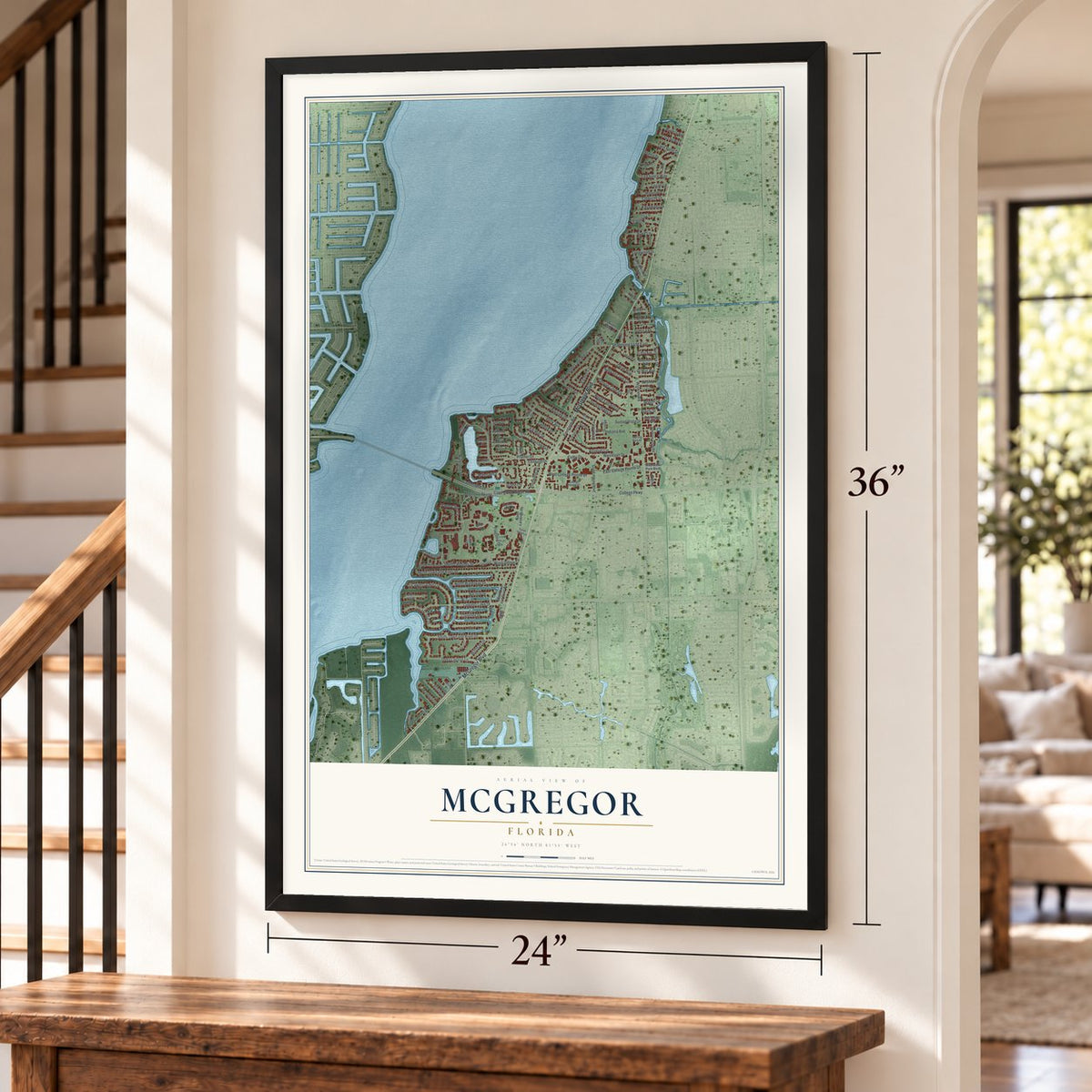 McGregor, Florida map, 24 x 36 inch print in a black frame by a staircase