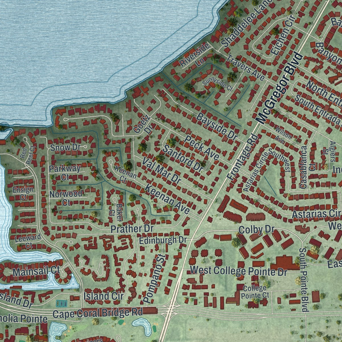 Close-up of the map of McGregor, Florida print showing street and building detail