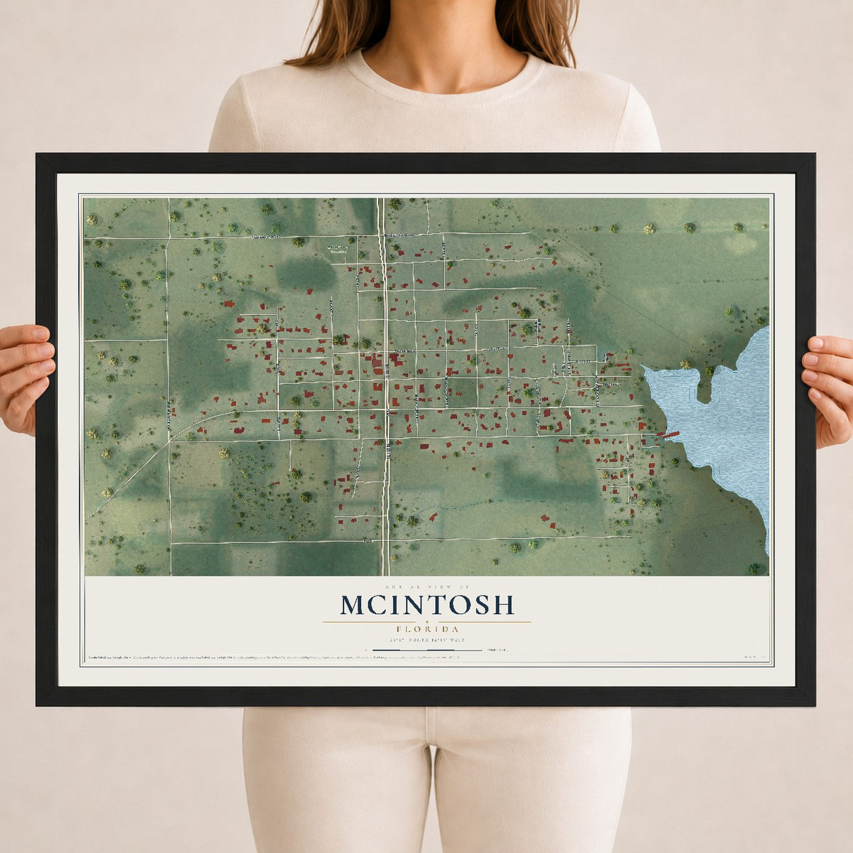 McIntosh, Florida map print, 18" x 24" W/ Black Ayous Wood Frame mockup