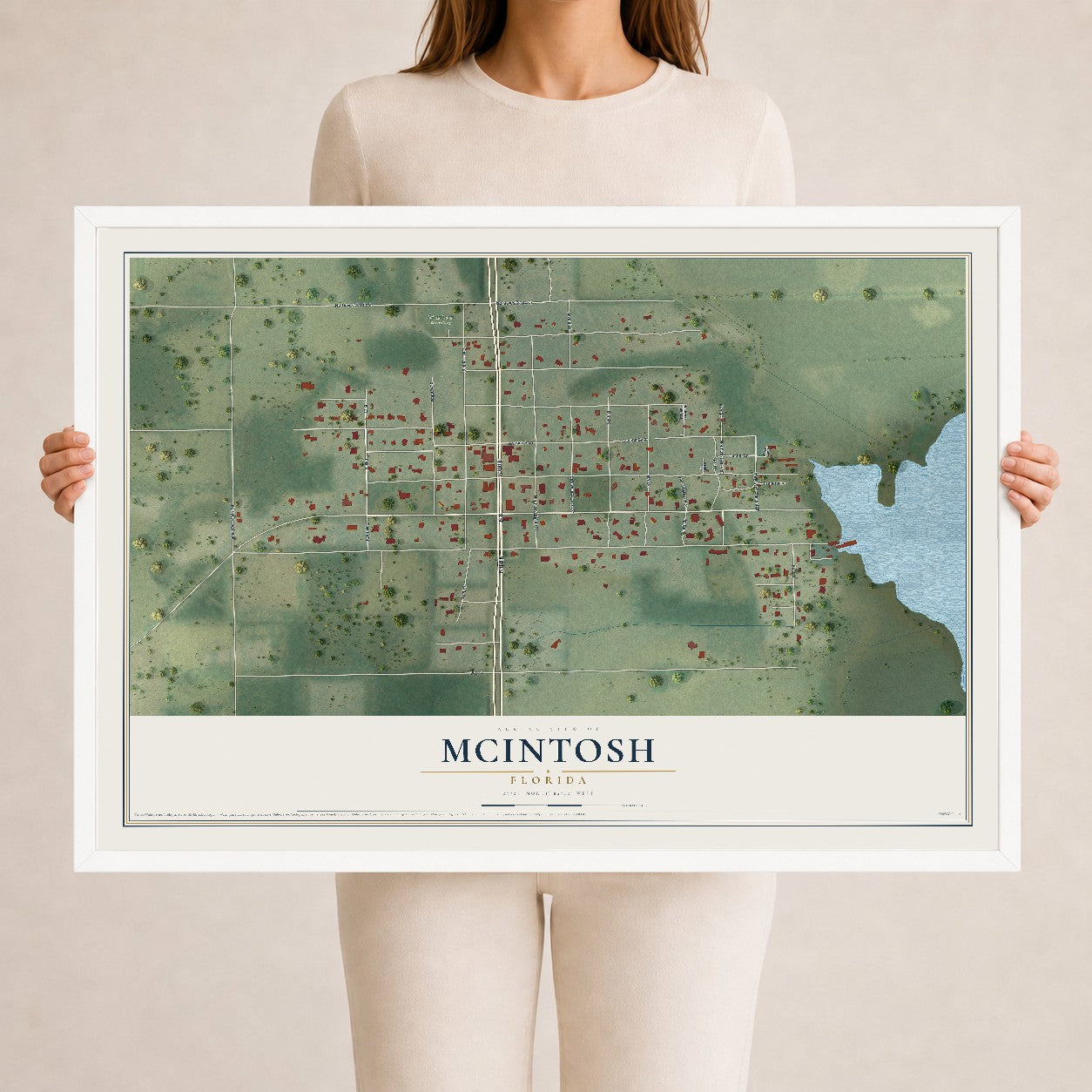 McIntosh, Florida map print, 24" x 36" W/ White Ayous Wood Frame mockup