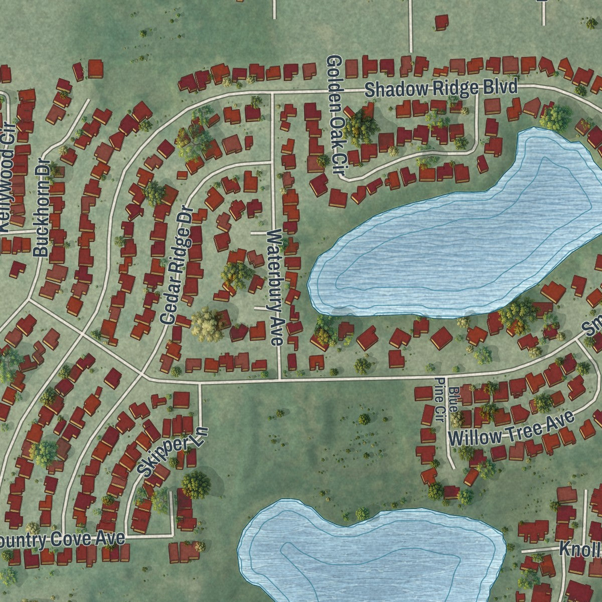 Close-up of the map of Meadow Oaks, Florida print showing street and building detail