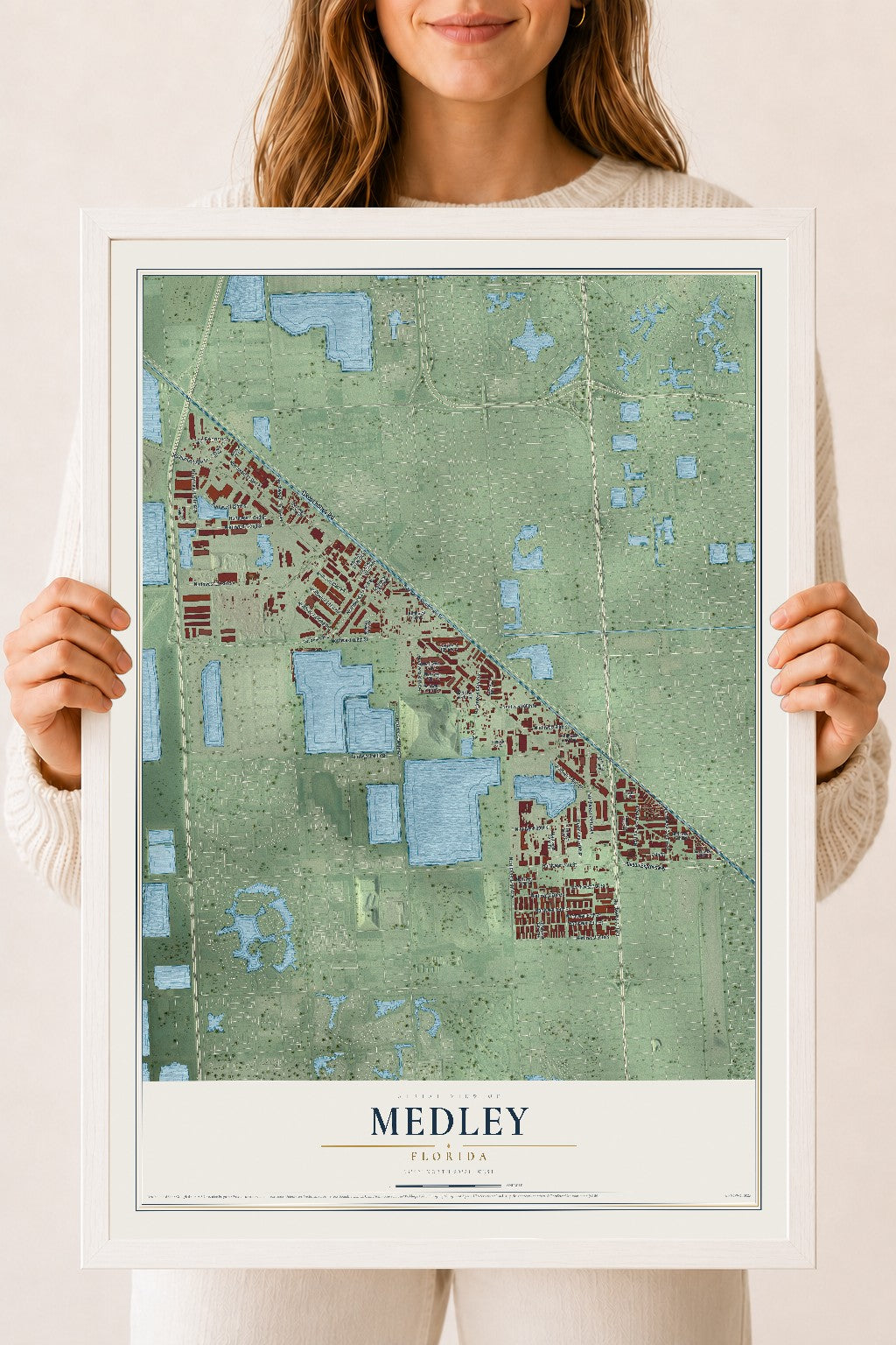 Medley, Florida map print, 18" x 24" W/ White Ayous Wood Frame mockup