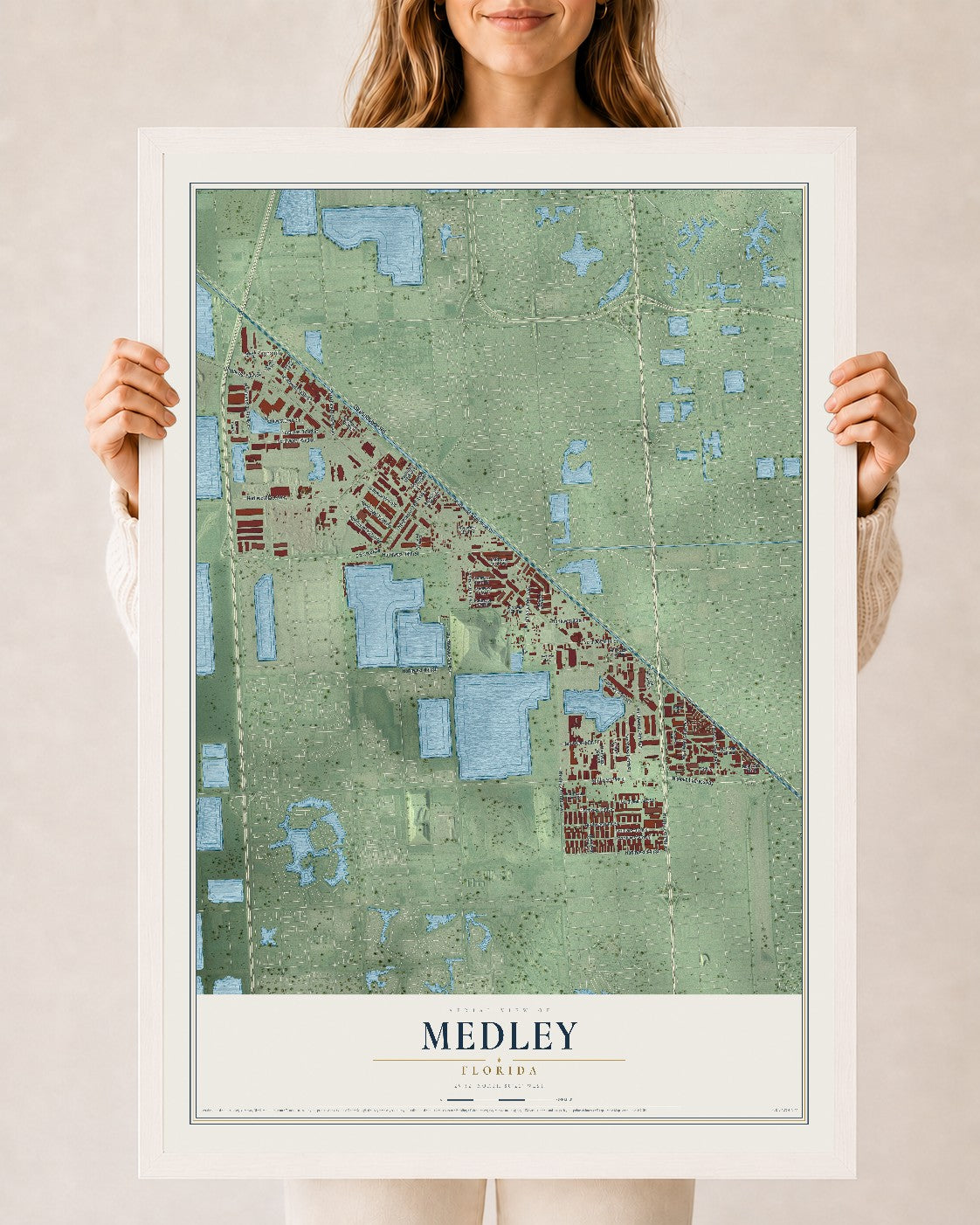 Medley, Florida map print, 24" x 36" W/ White Ayous Wood Frame mockup