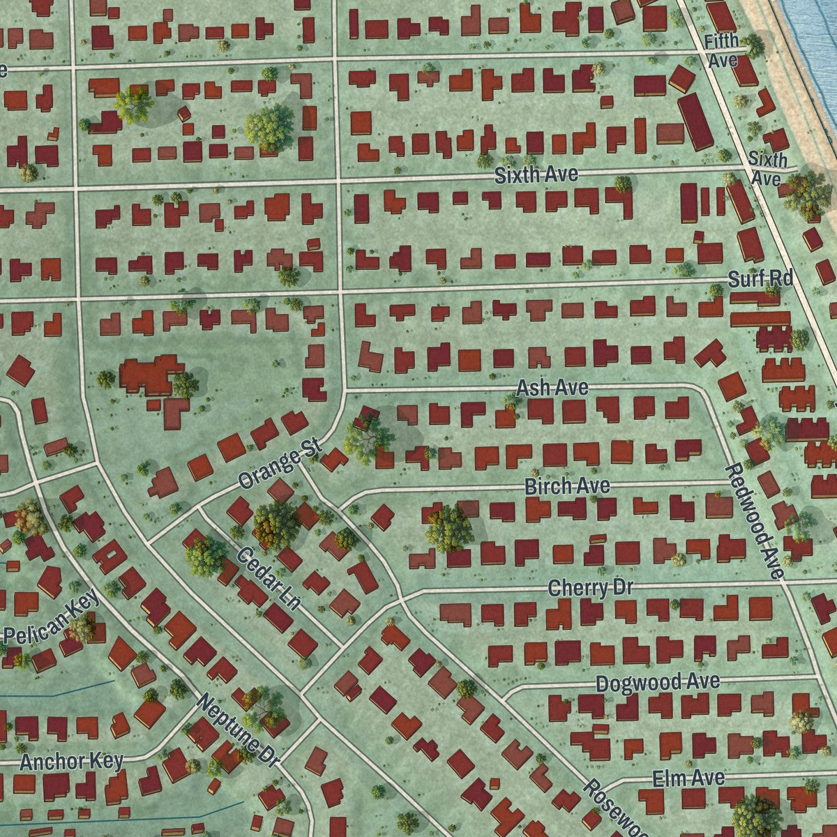 Close-up 1 of the Melbourne Beach, Florida map artwork