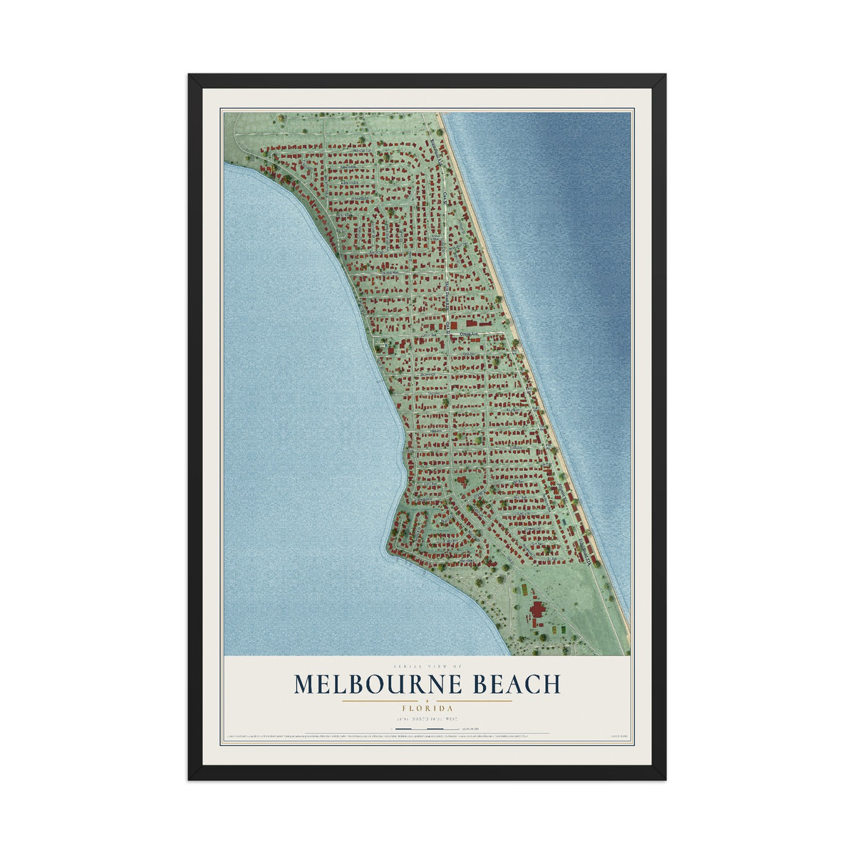 Melbourne Beach, Florida map print, 12" x 18" W/ Black Ayous Wood Frame mockup