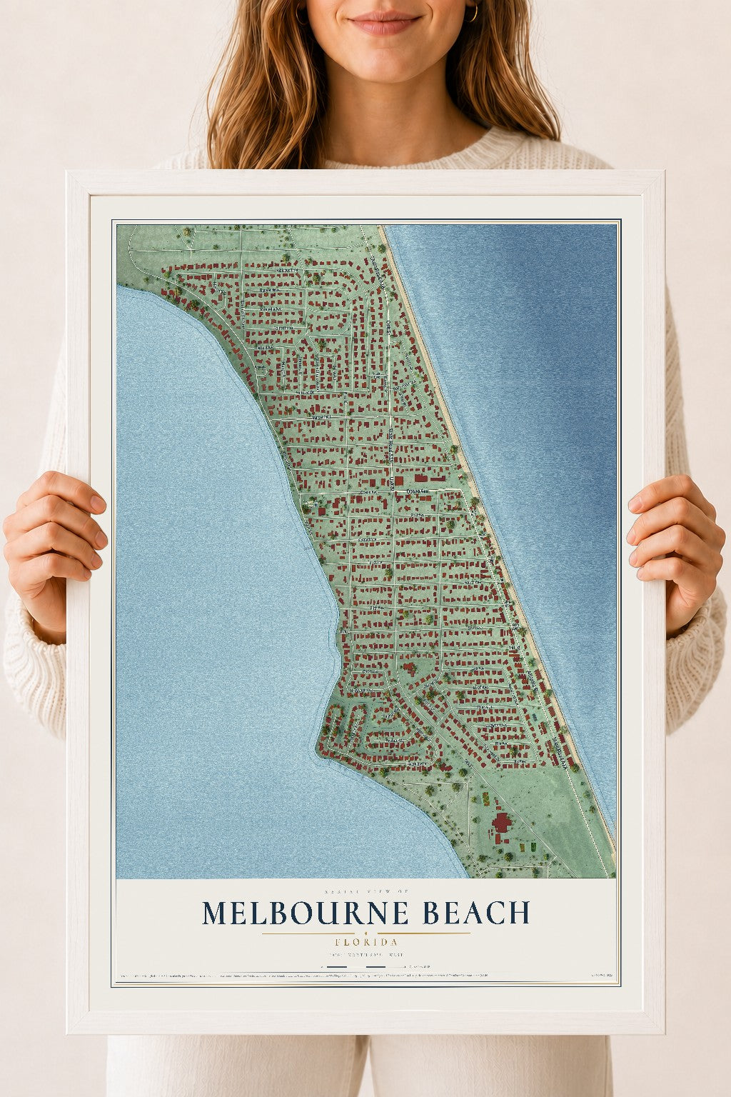 Melbourne Beach, Florida map print, 18" x 24" W/ White Ayous Wood Frame mockup