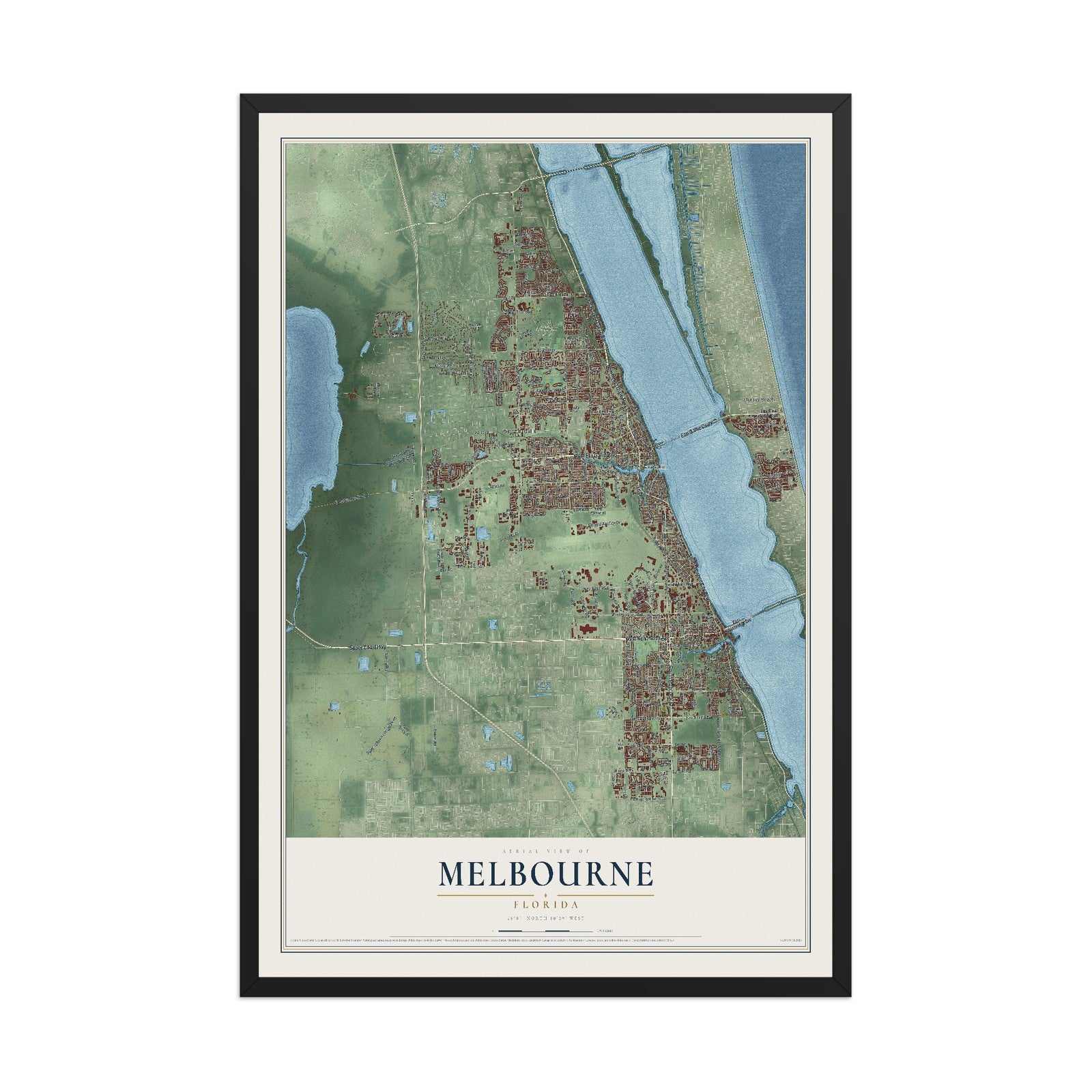 Melbourne, Florida map print, 12" x 18" W/ Black Ayous Wood Frame mockup