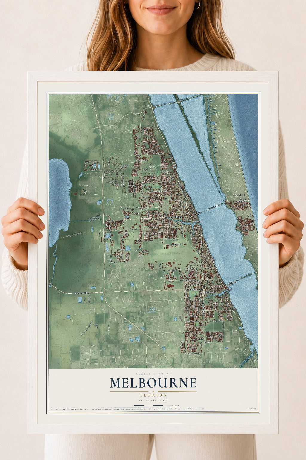 Melbourne, Florida map print, 18" x 24" W/ White Ayous Wood Frame mockup