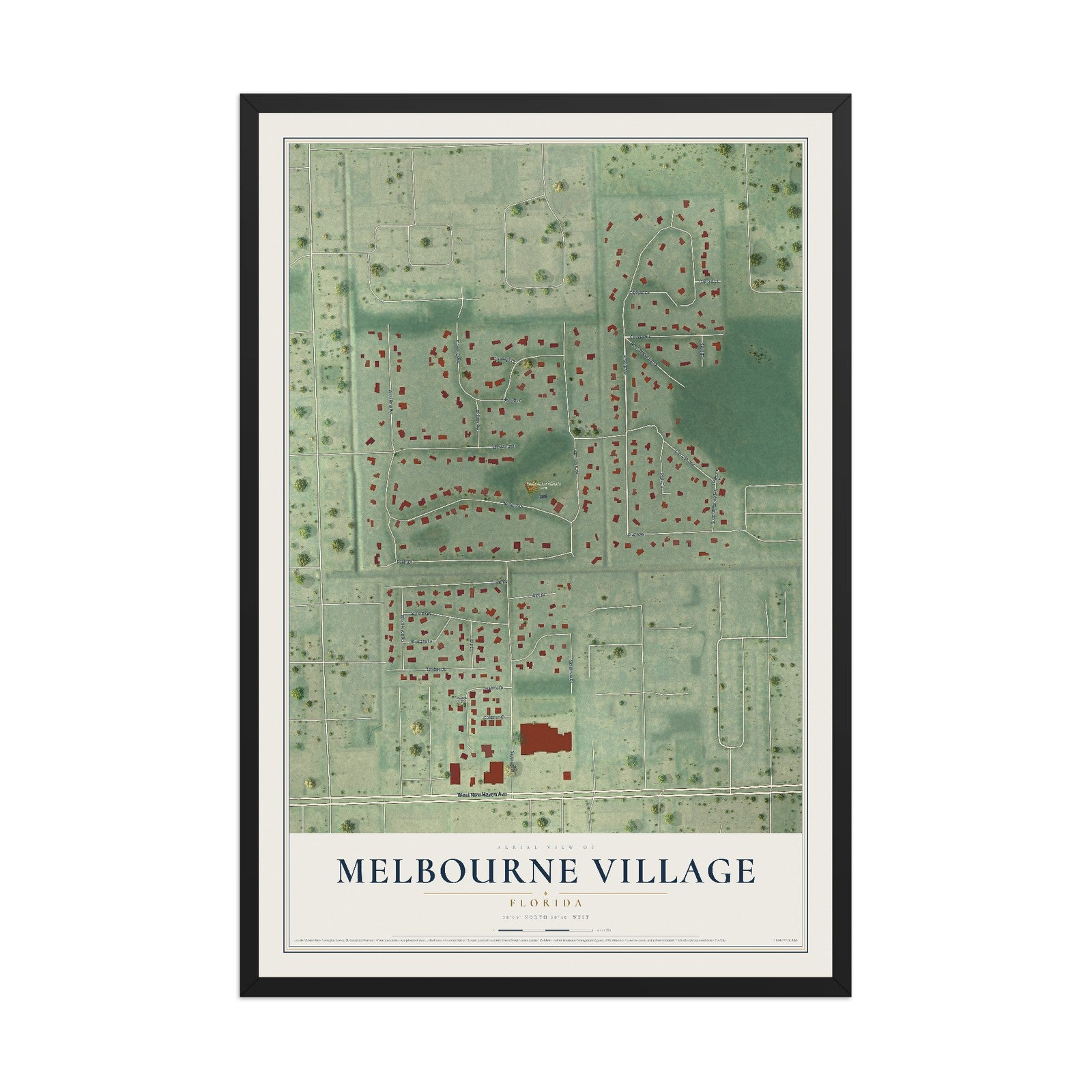 Melbourne Village, Florida map print, 12" x 18" W/ Black Ayous Wood Frame mockup