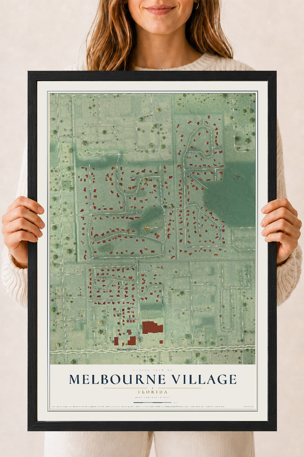 Melbourne Village, Florida map print, 18" x 24" W/ Black Ayous Wood Frame mockup