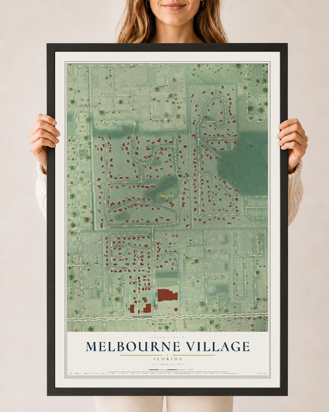 Melbourne Village, Florida map print, 24" x 36" W/ Black Ayous Wood Frame mockup