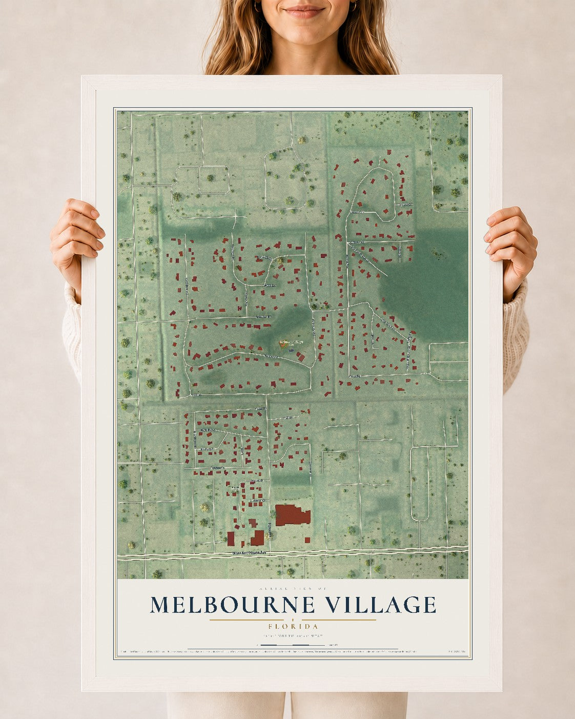 Melbourne Village, Florida map print, 24" x 36" W/ White Ayous Wood Frame mockup