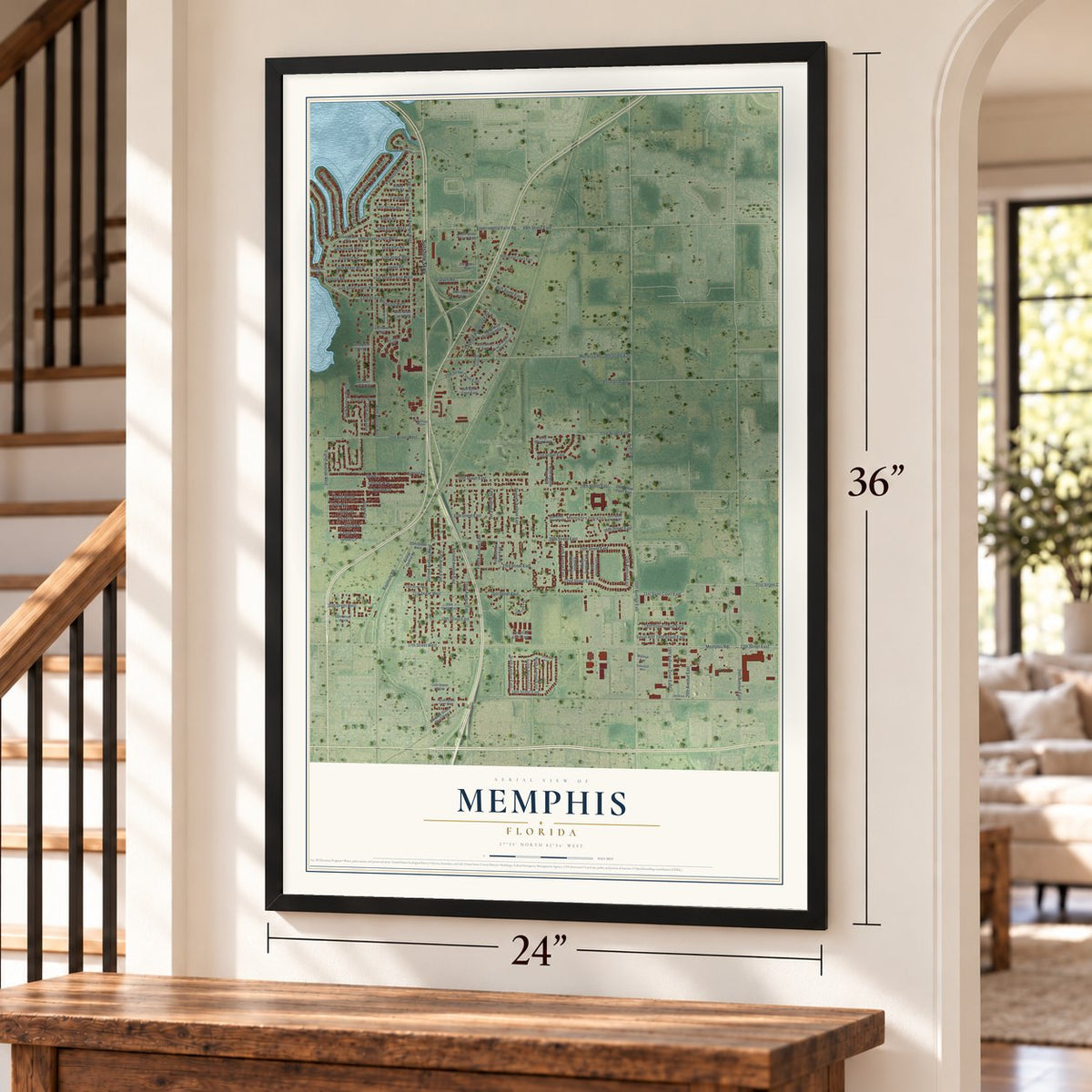 Memphis, Florida map, 24 x 36 inch print in a black frame by a staircase
