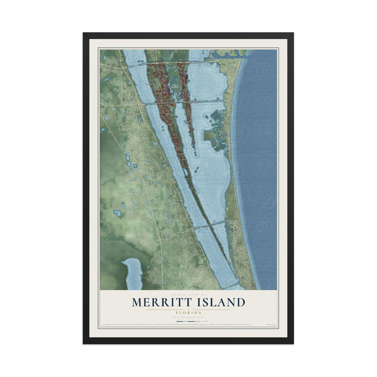 Merritt Island, Florida map print, 12" x 18" W/ Black Ayous Wood Frame mockup