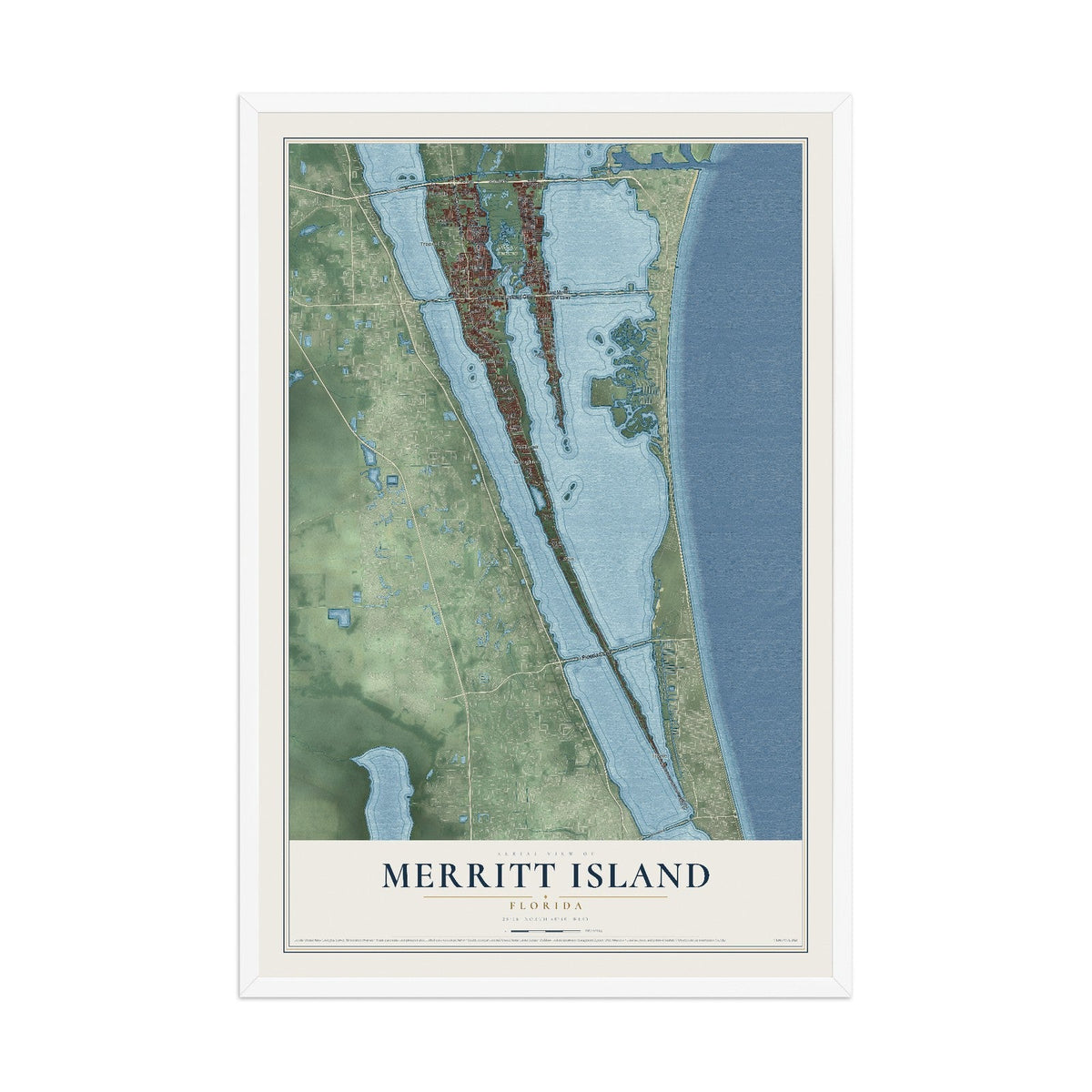 Merritt Island, Florida map print, 12" x 18" W/ White Ayous Wood Frame mockup
