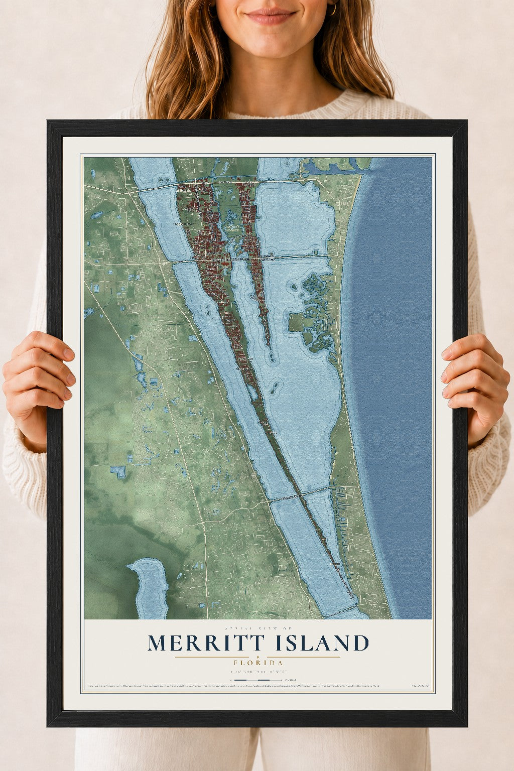 Merritt Island, Florida map print, 18" x 24" W/ Black Ayous Wood Frame mockup