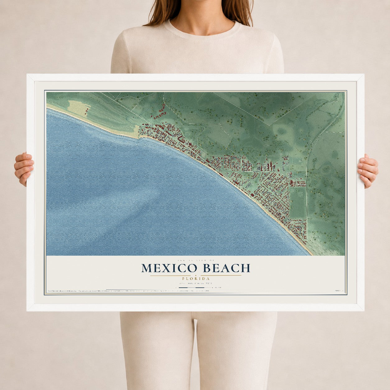 Mexico Beach, Florida map print, 24" x 36" W/ White Ayous Wood Frame mockup