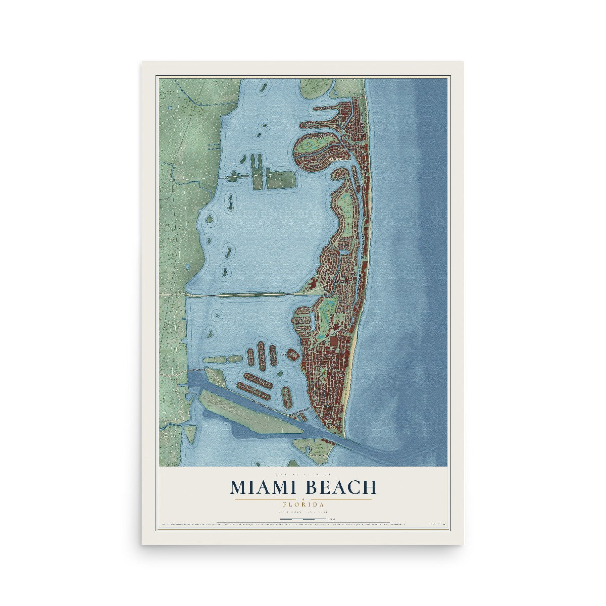 Map of Miami Beach, Florida, 12 x 18 inch unframed archival matte print