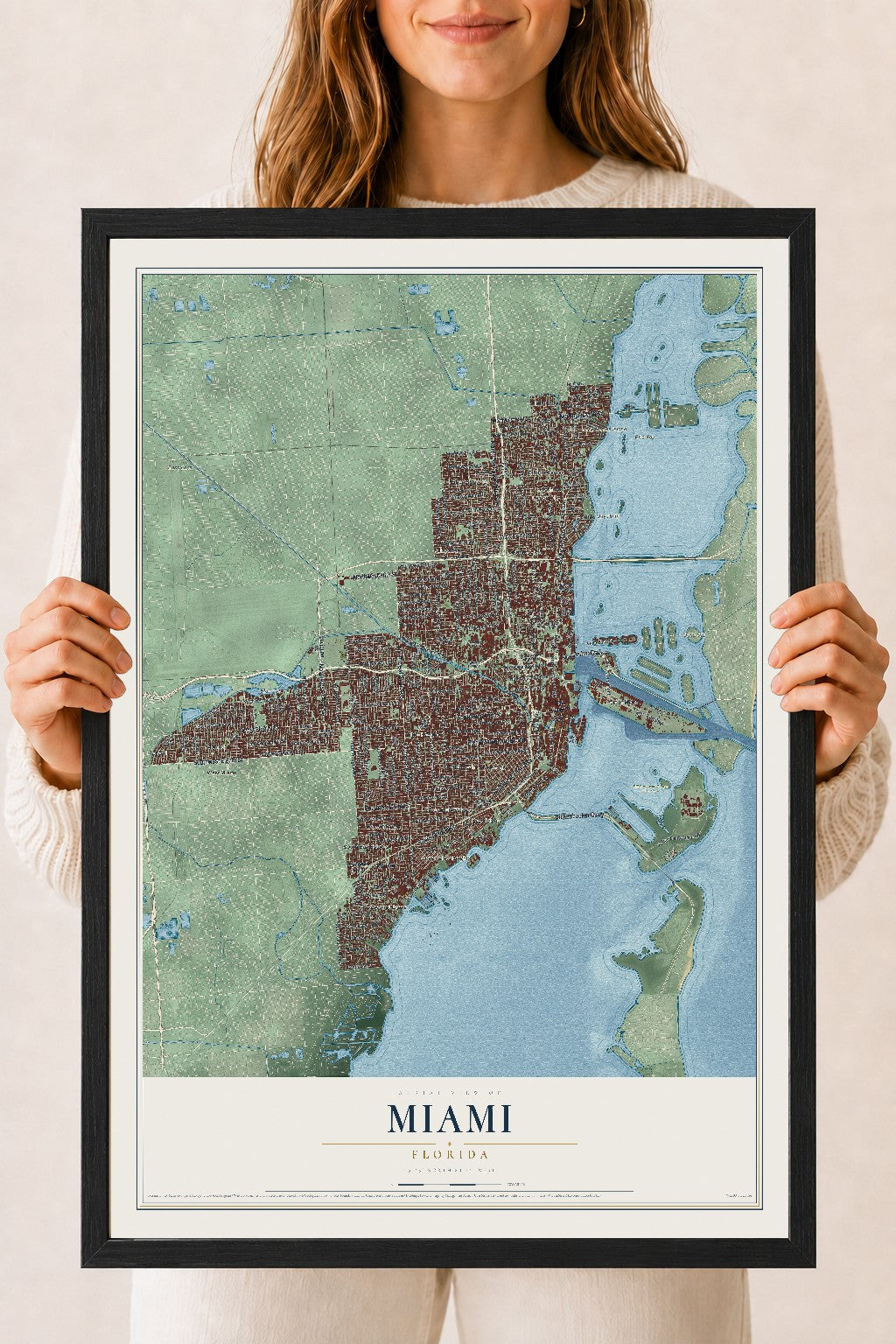 Miami, Florida map print, 18" x 24" W/ Black Ayous Wood Frame mockup