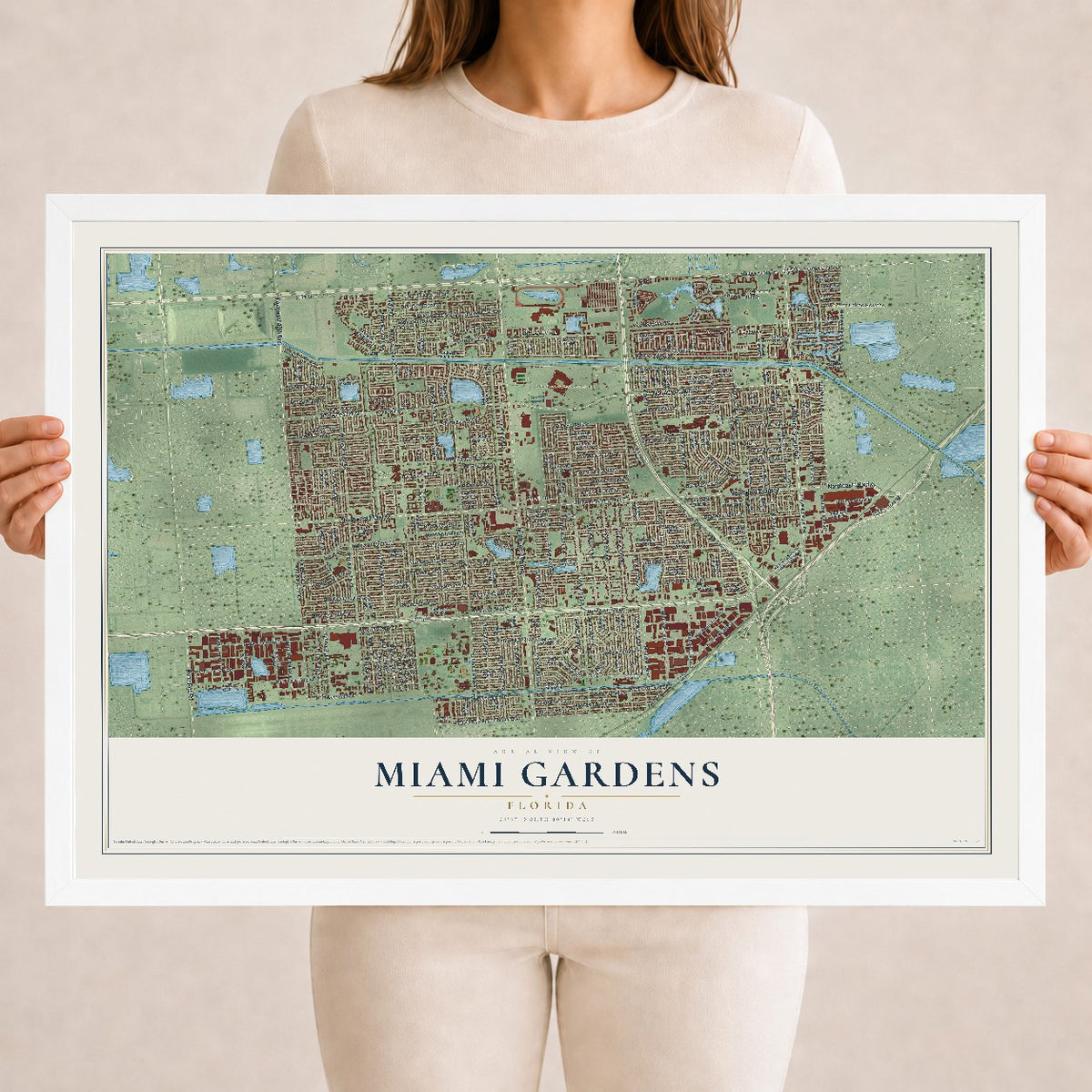 Miami Gardens, Florida map print, 18" x 24" W/ White Ayous Wood Frame mockup