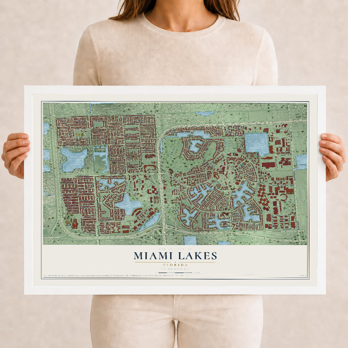 Miami Lakes, Florida map print, 12" x 18" W/ White Ayous Wood Frame mockup