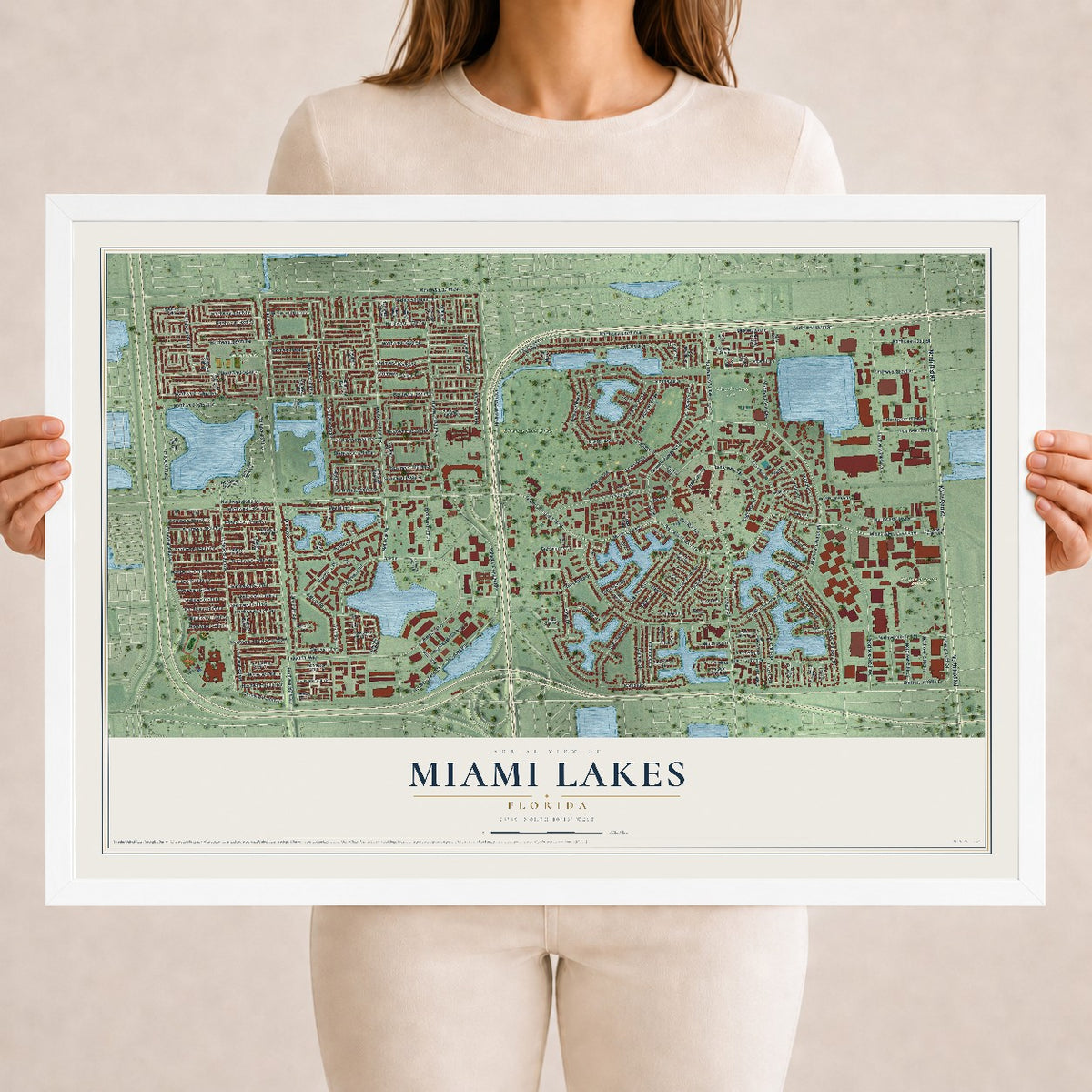 Miami Lakes, Florida map print, 18" x 24" W/ White Ayous Wood Frame mockup
