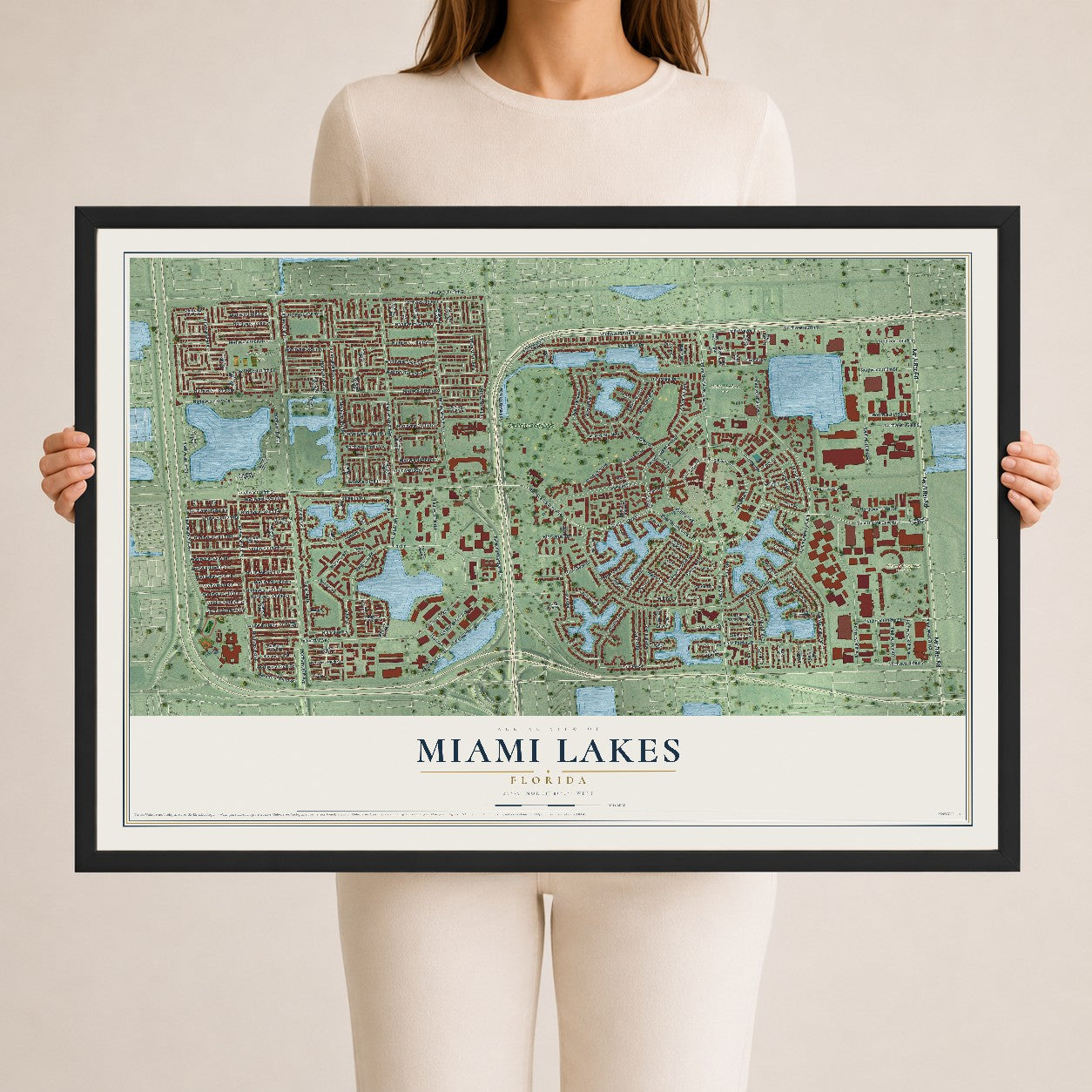 Miami Lakes, Florida map print, 24" x 36" W/ Black Ayous Wood Frame mockup