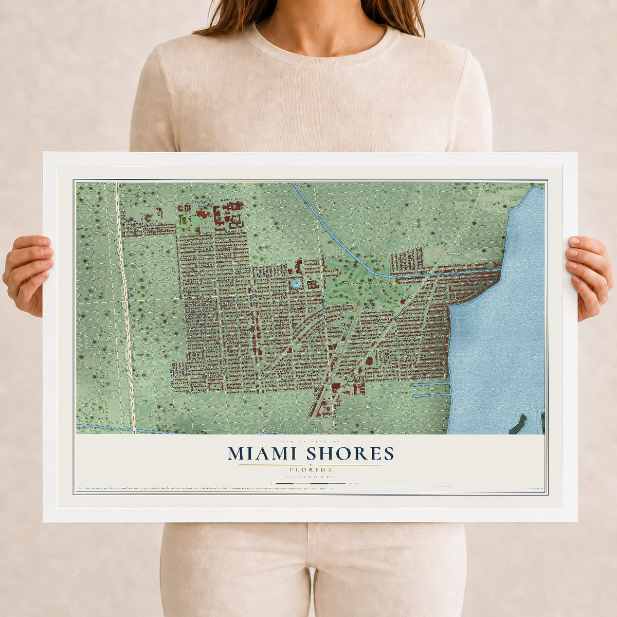 Miami Shores, Florida map print, 12" x 18" W/ White Ayous Wood Frame mockup