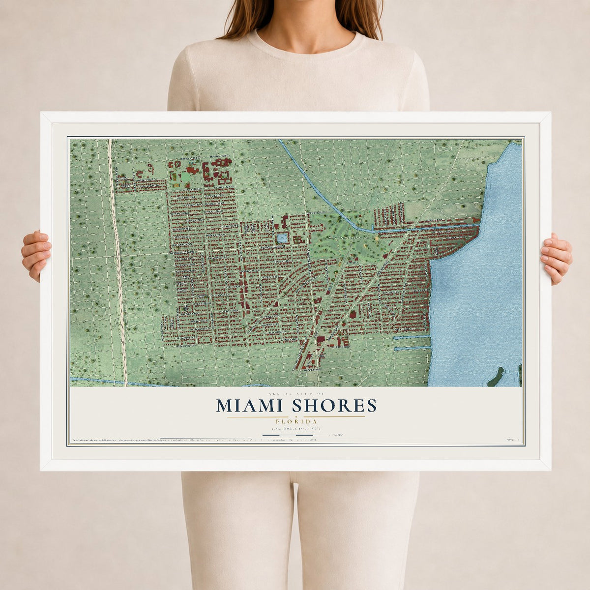 Miami Shores, Florida map print, 24" x 36" W/ White Ayous Wood Frame mockup