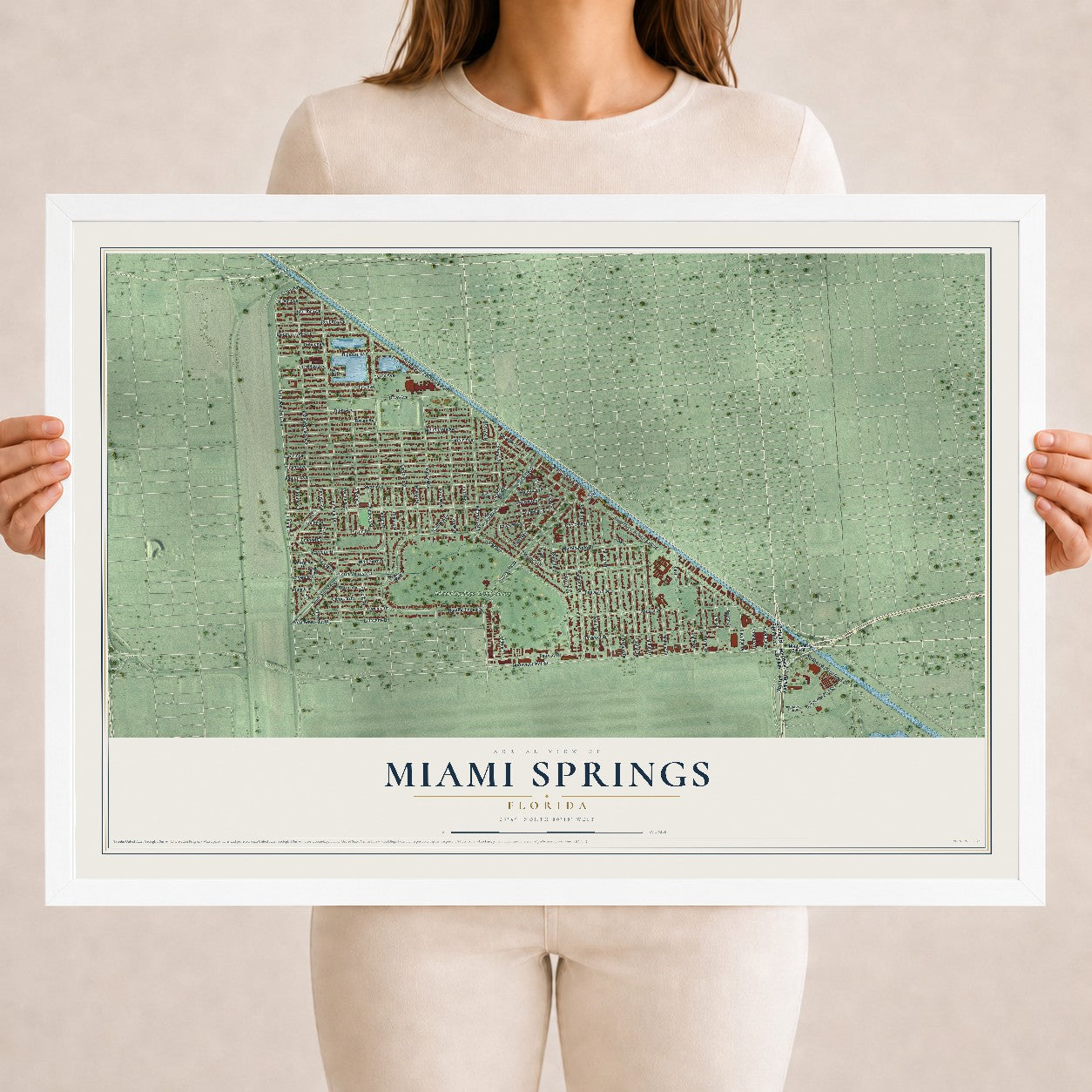 Miami Springs, Florida map print, 18" x 24" W/ White Ayous Wood Frame mockup
