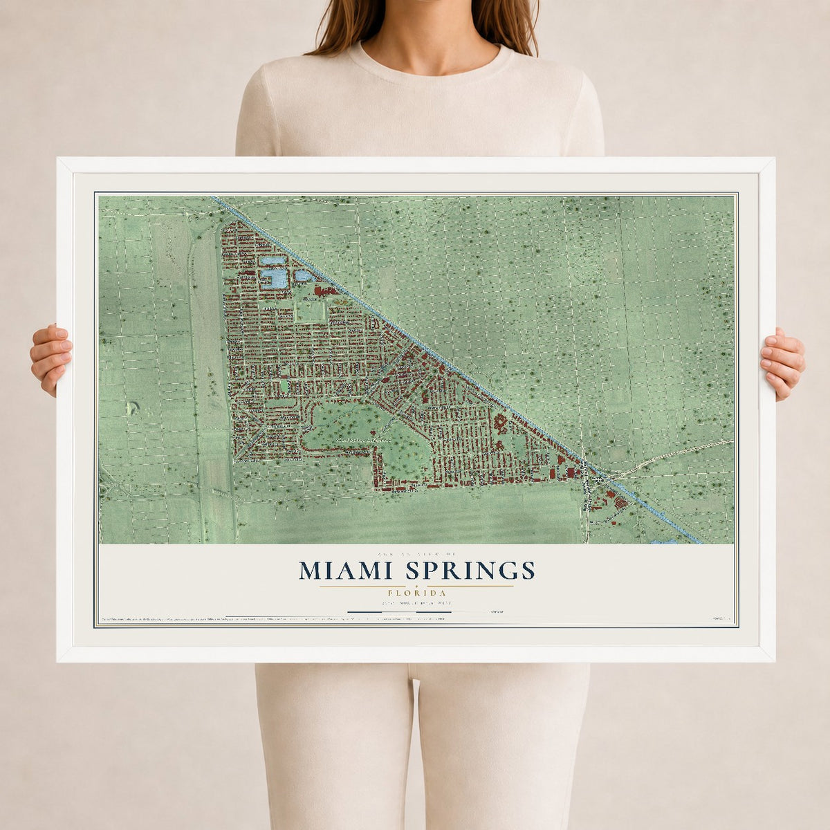 Miami Springs, Florida map print, 24" x 36" W/ White Ayous Wood Frame mockup