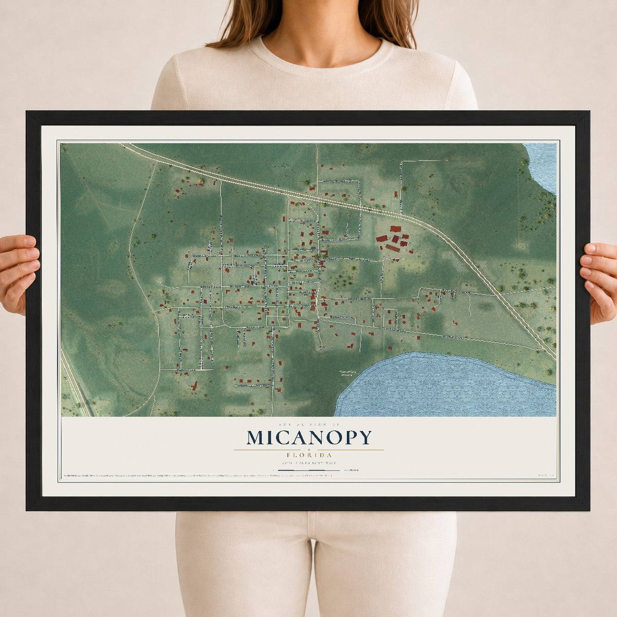 Micanopy, Florida map print, 18" x 24" W/ Black Ayous Wood Frame mockup