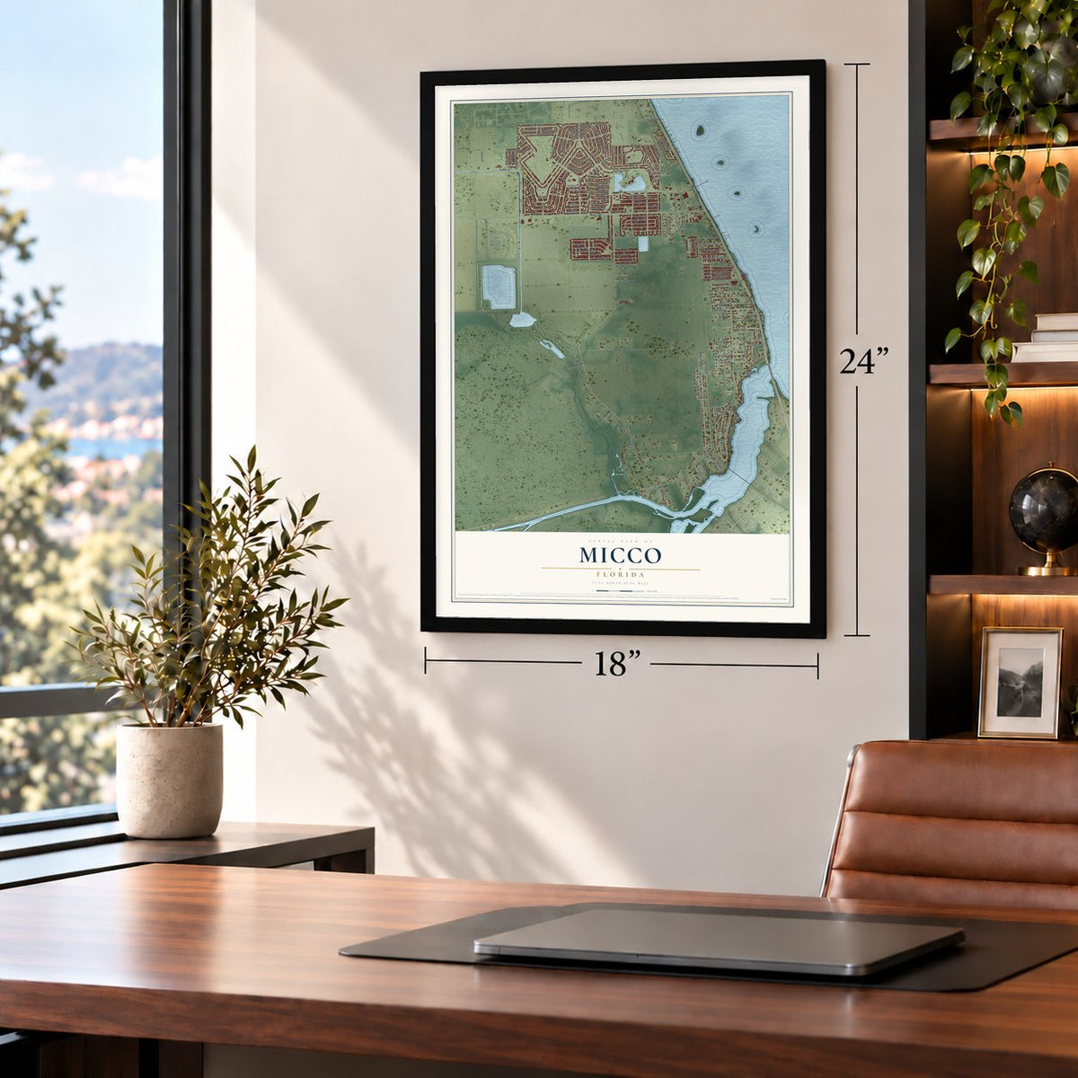 Micco, Florida map, 18 x 24 inch print in a black frame in a home office