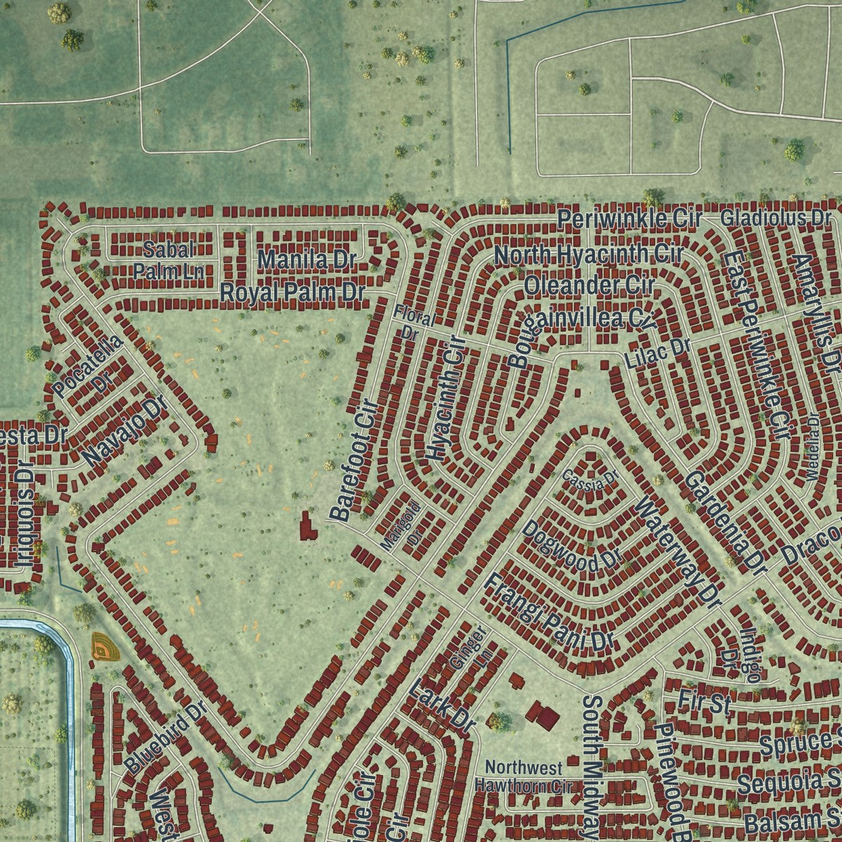 Close-up of the map of Micco, Florida print showing street and building detail