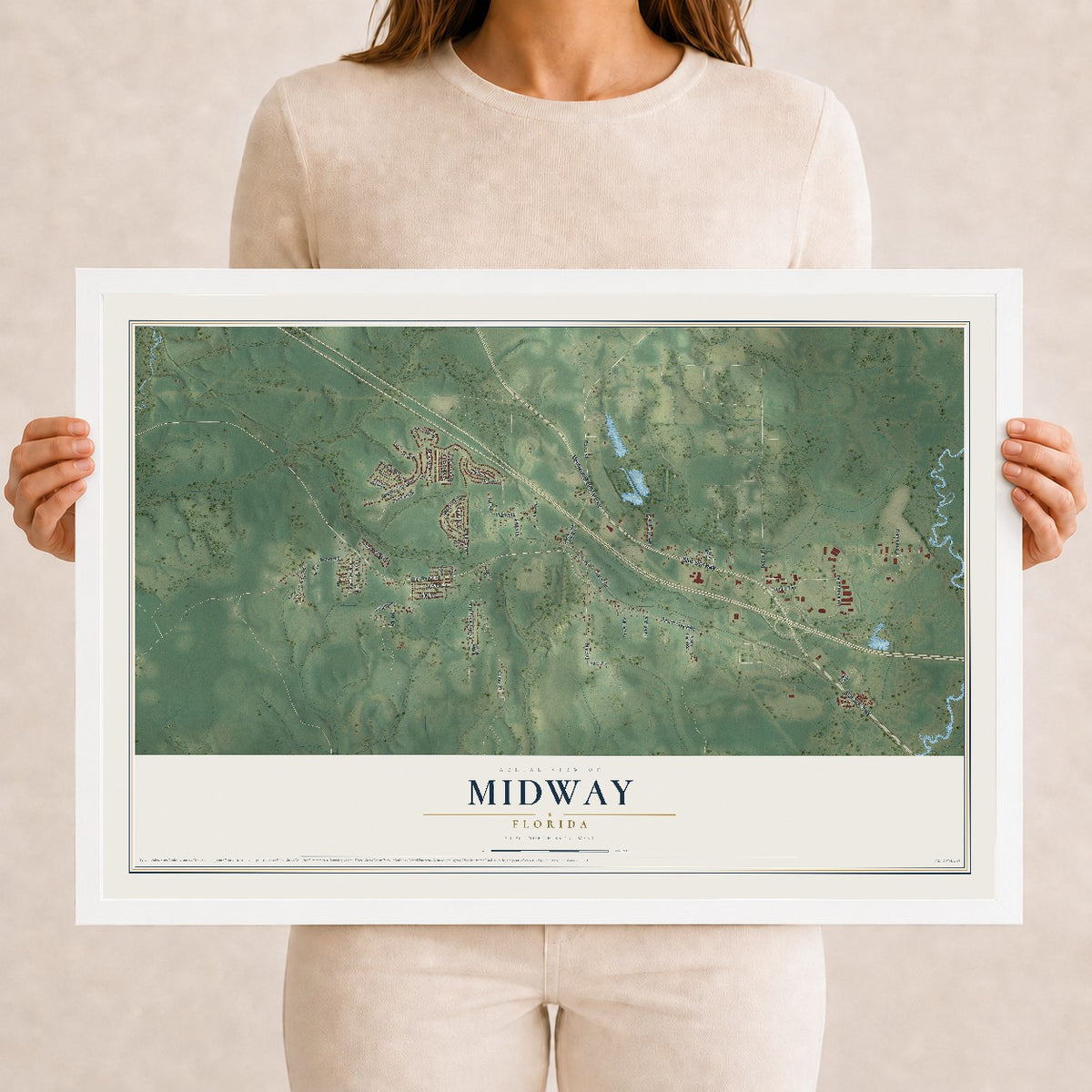 Midway, Florida map print, 12" x 18" W/ White Ayous Wood Frame mockup