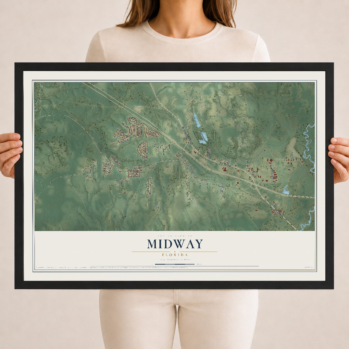 Midway, Florida map print, 18" x 24" W/ Black Ayous Wood Frame mockup