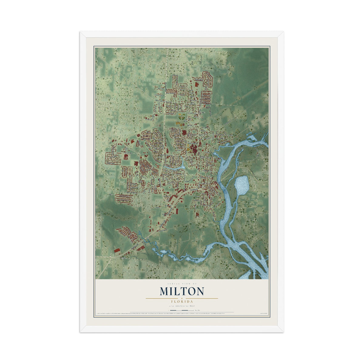 Milton, Florida map print, 12" x 18" W/ White Ayous Wood Frame mockup