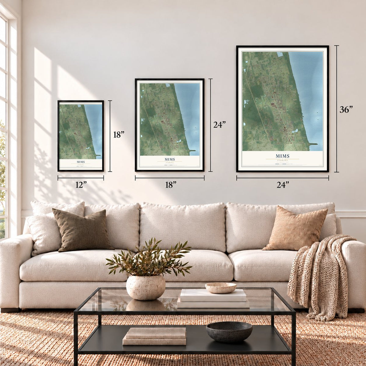 Mims, Florida map in 12 x 18, 18 x 24 and 24 x 36 inch sizes above a sofa