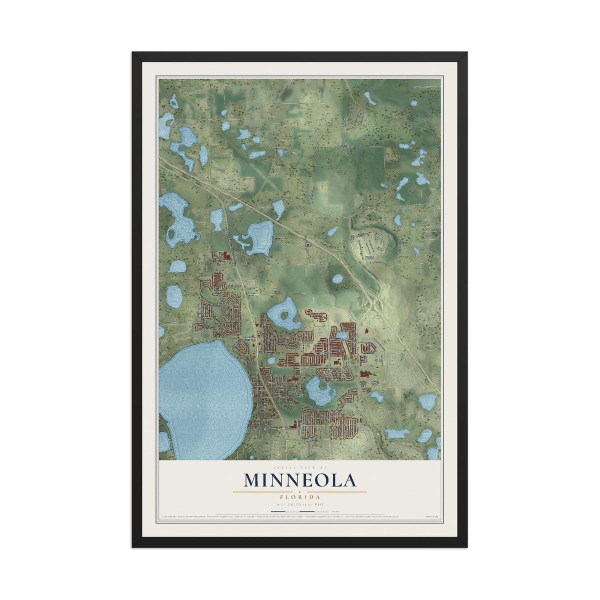 Minneola, Florida map print, 12" x 18" W/ Black Ayous Wood Frame mockup