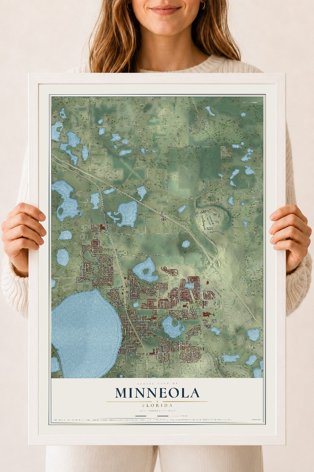 Minneola, Florida map print, 18" x 24" W/ White Ayous Wood Frame mockup