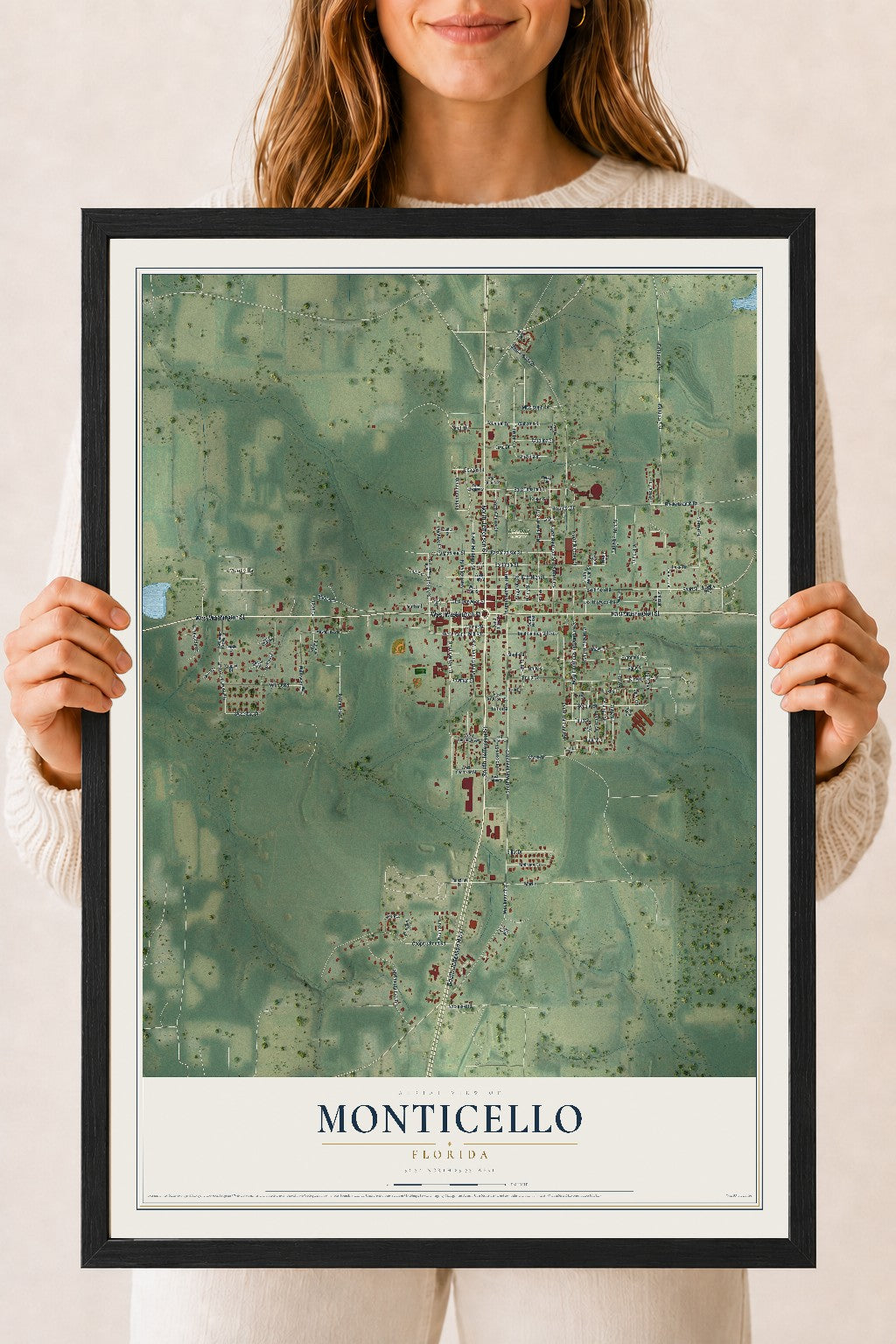 Monticello, Florida map print, 18" x 24" W/ Black Ayous Wood Frame mockup