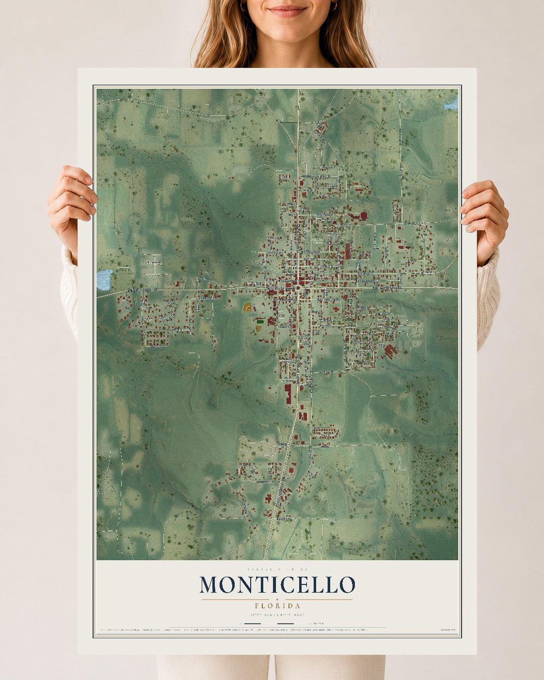 Monticello, Florida map print, 24" x 36" Archival Matte Print mockup