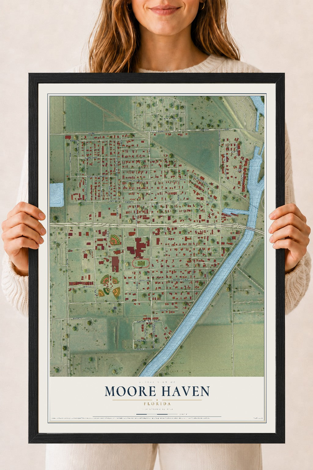 Moore Haven, Florida map print, 18" x 24" W/ Black Ayous Wood Frame mockup