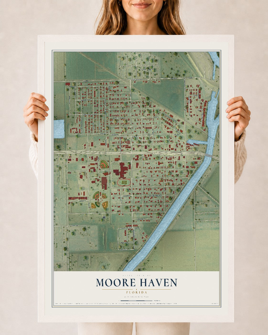 Moore Haven, Florida map print, 24" x 36" W/ White Ayous Wood Frame mockup