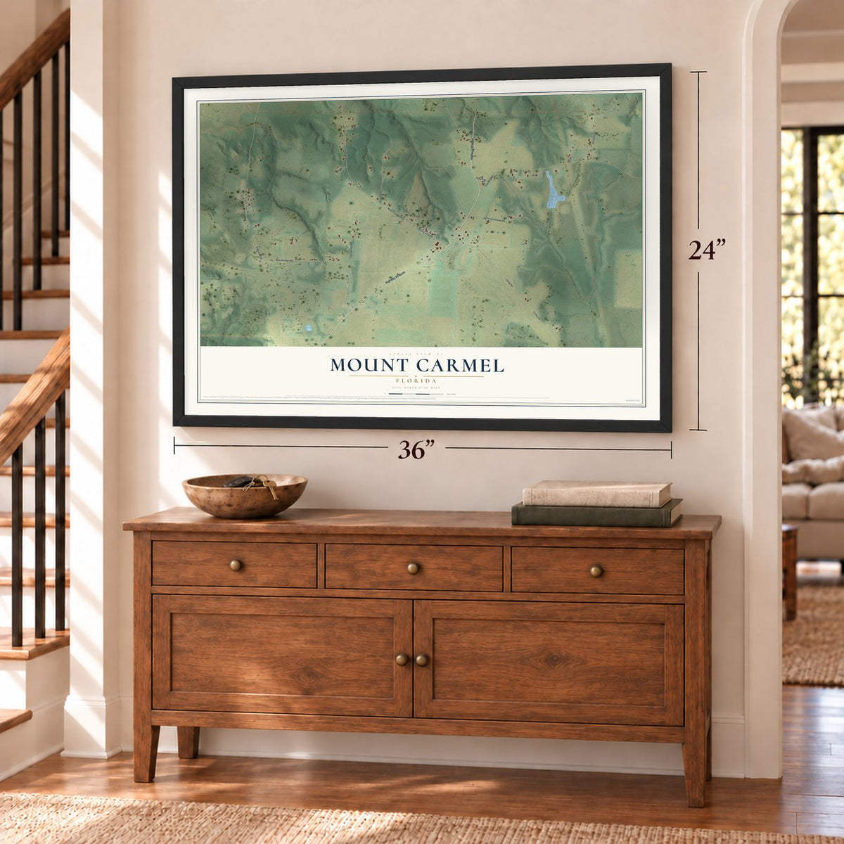 Mount Carmel, Florida map, 24 x 36 inch print in a black frame above a dresser by a staircase