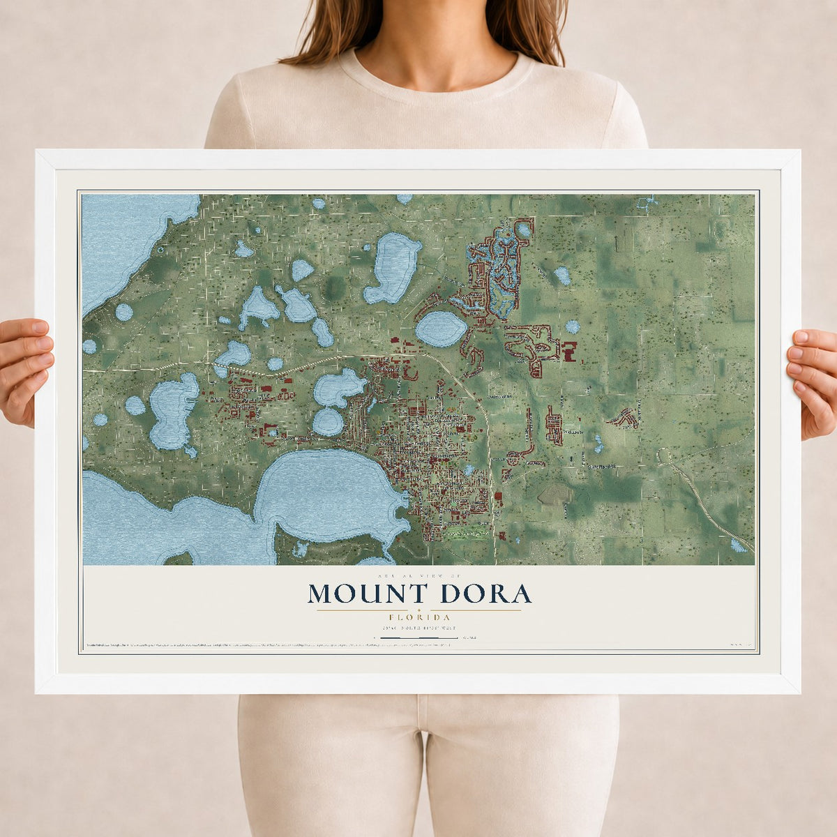 Mount Dora, Florida map print, 18" x 24" W/ White Ayous Wood Frame mockup
