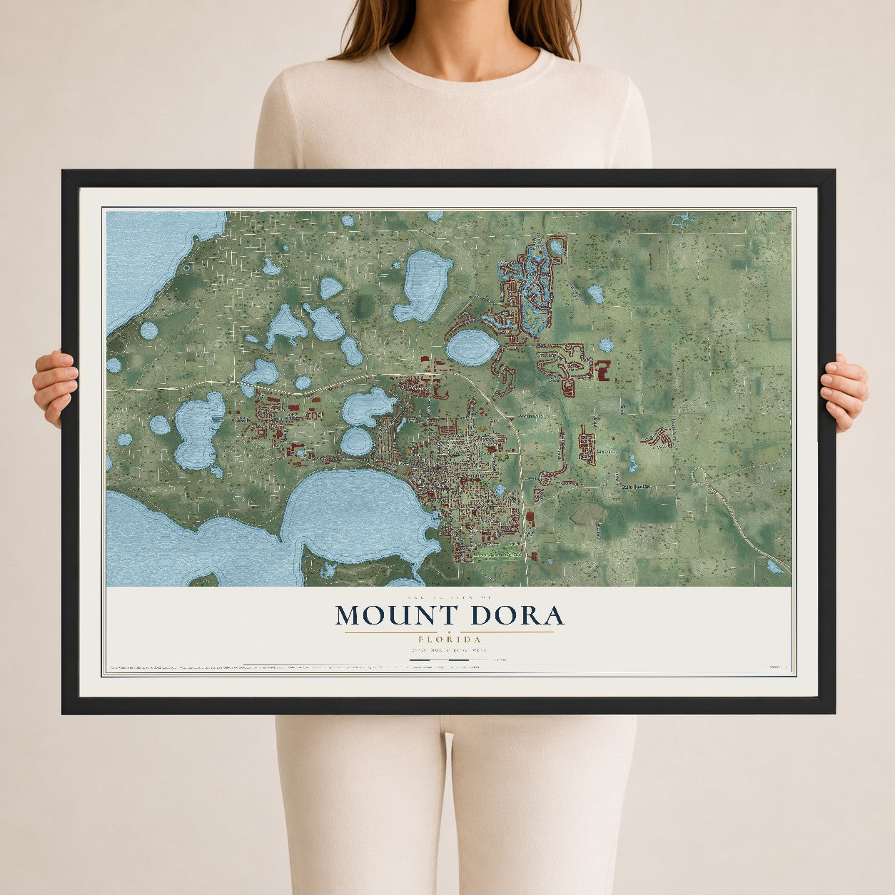 Mount Dora, Florida map print, 24" x 36" W/ Black Ayous Wood Frame mockup