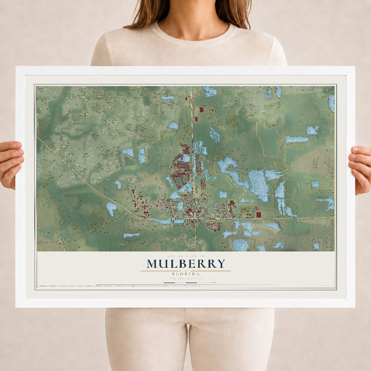 Mulberry, Florida map print, 18" x 24" W/ White Ayous Wood Frame mockup